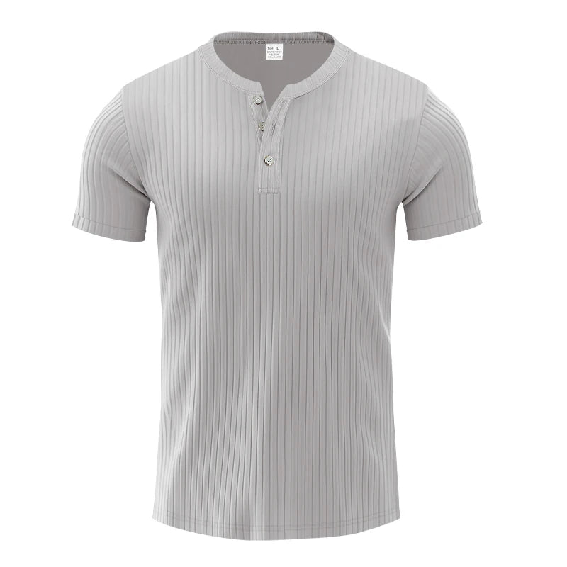 Men's Striped Knit Henley T-Shirt – Soft, Breathable & Stylish Casual Top with Short Sleeves