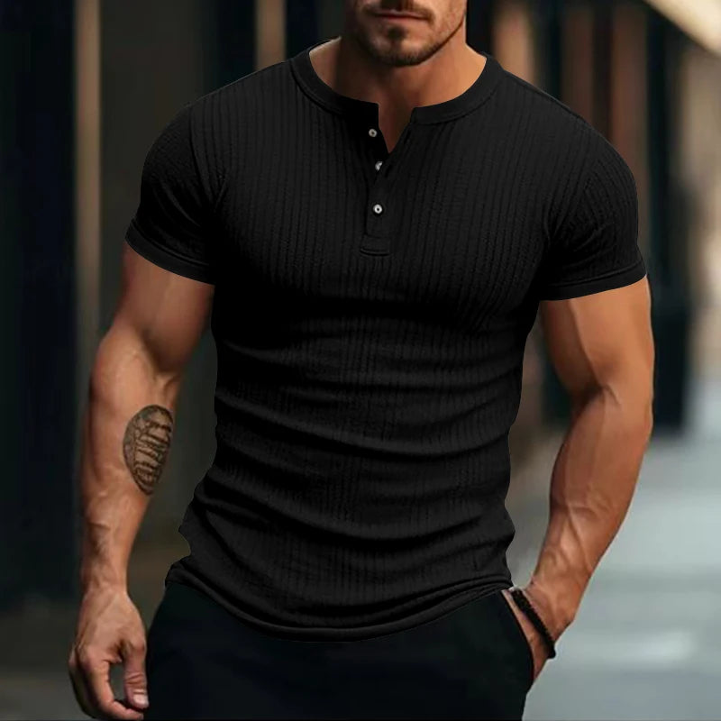 Men's Striped Knit Henley T-Shirt – Soft, Breathable & Stylish Casual Top with Short Sleeves