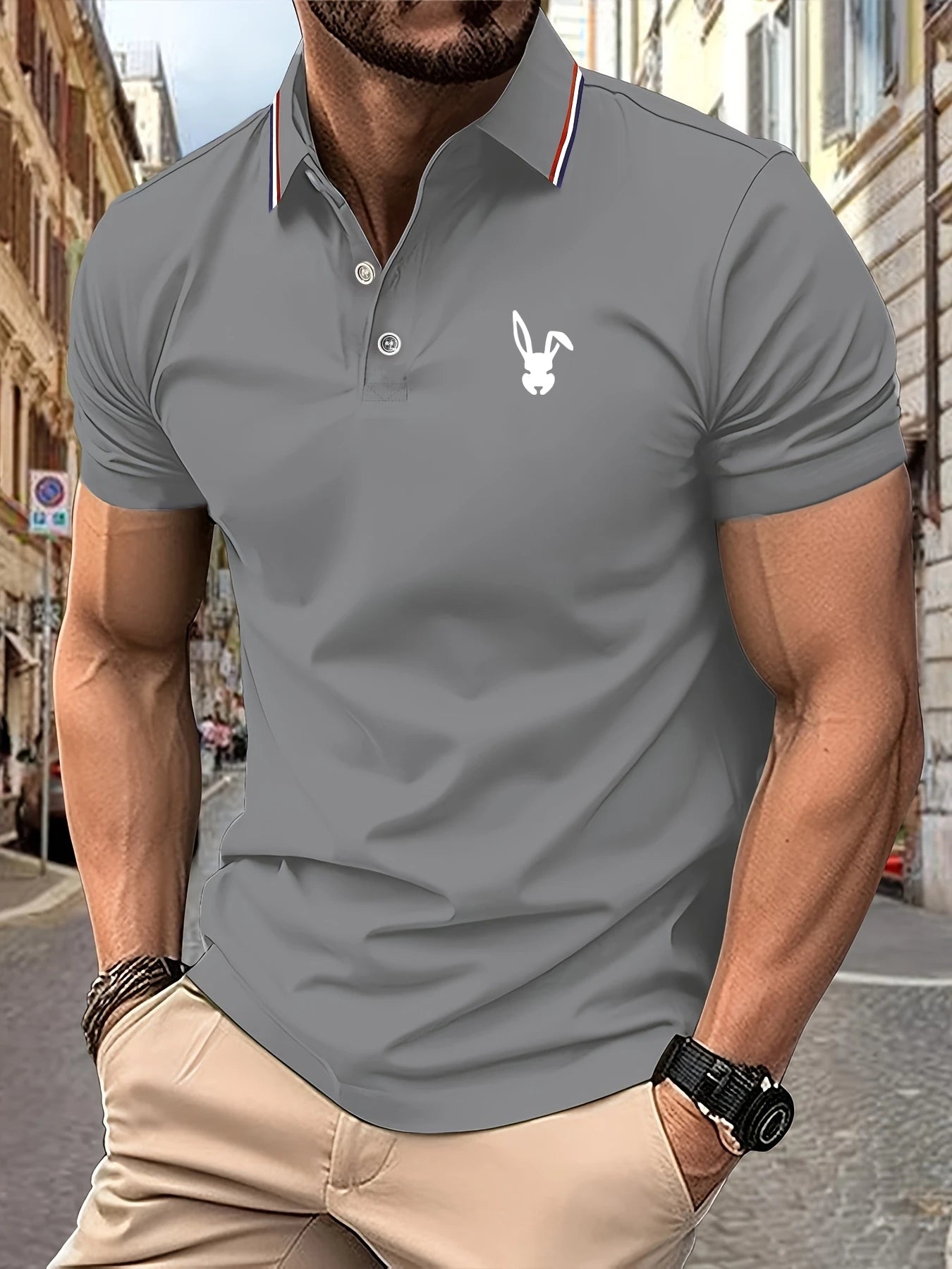 New Men's Polo Shirt 3D Rabbit Pattern Print Summer Lapel stripe Men Short Sleeve Casual Breathable Light Luxury clothes for man