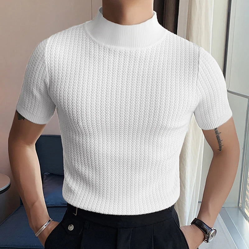 Men’s Summer Slim Fit T-Shirt – Korean Style, High-Neck, Textured Streetwear