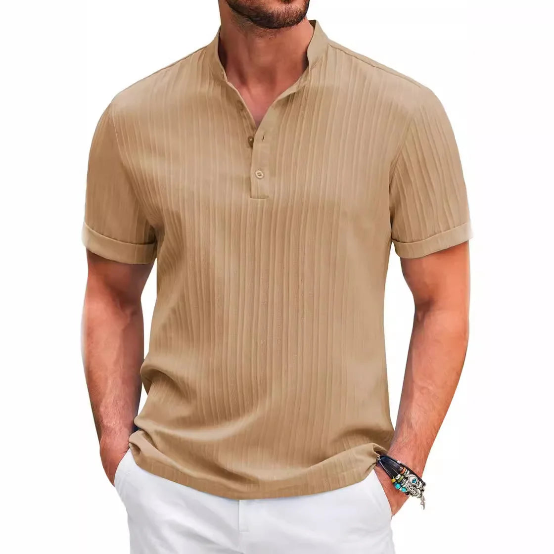 Men's Summer Striped Jacquard Shirt – Breathable, Stylish & Comfortable Short Sleeve Casual Wear