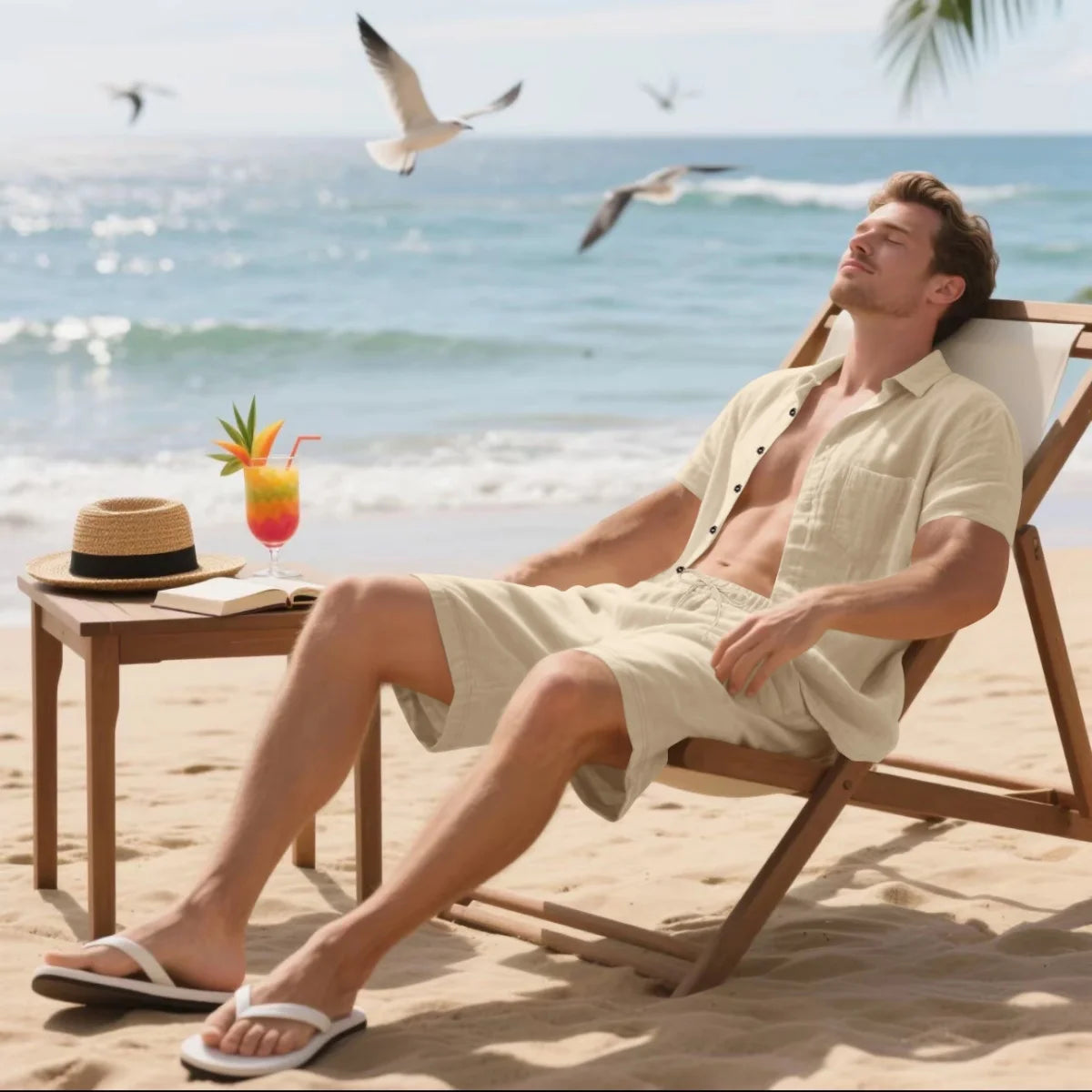 Men's Retro Summer 2-in-1 Set – Cotton & Linen Short-Sleeve Shirt and Shorts, Lightweight Beachwear