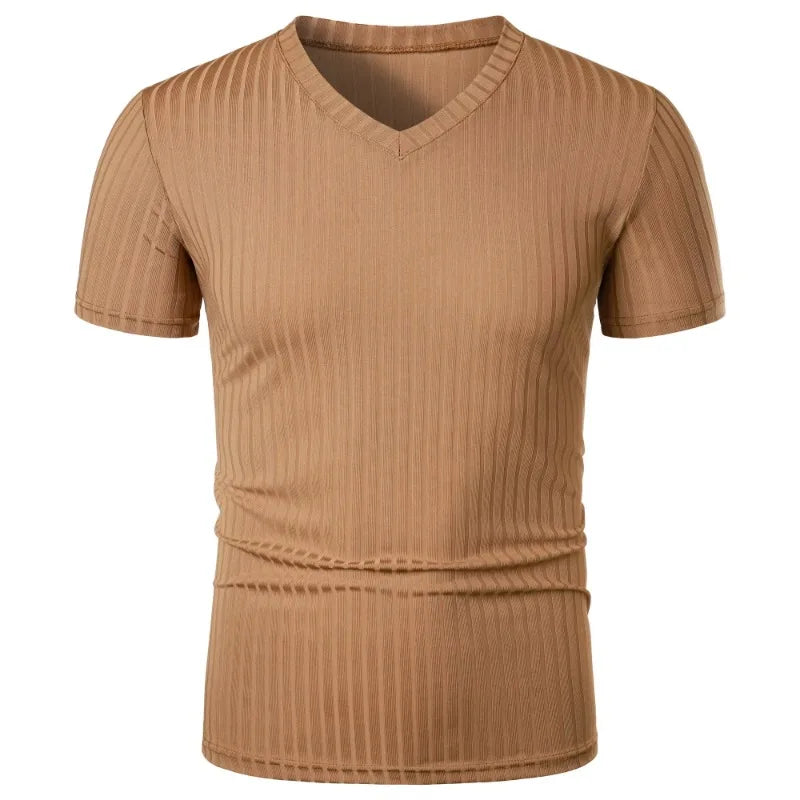 Summer Men's Short Sleeve Muscle T Shirts Stretch V Neck Bodybuilding Lightweight Streetwear Workout Tee Shirts Ribbed Shirt