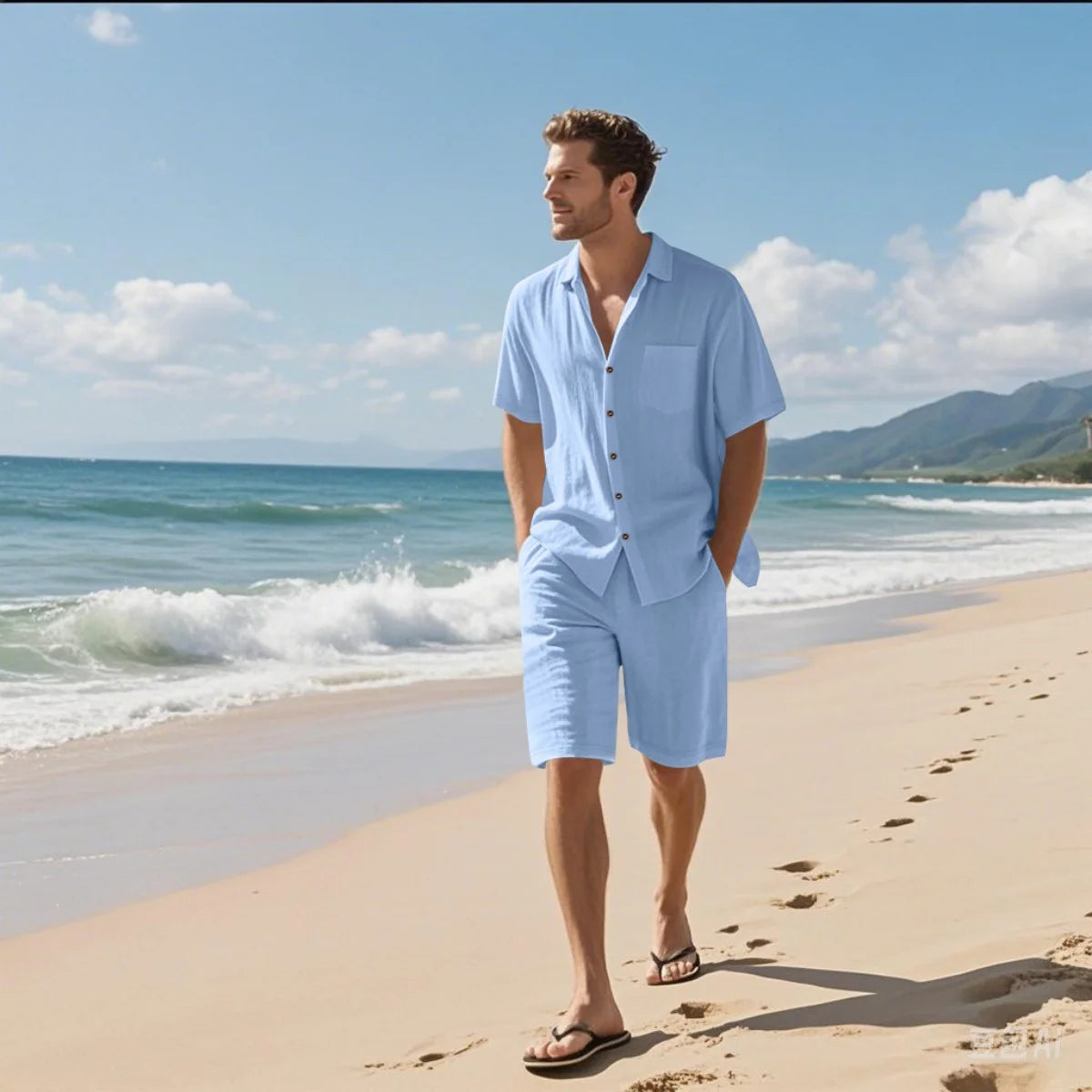 Men's Retro Summer 2-in-1 Set – Cotton & Linen Short-Sleeve Shirt and Shorts, Lightweight Beachwear