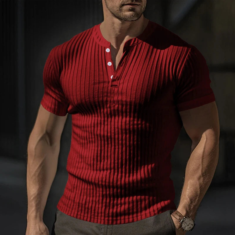 Mens T Shirt Henley Slim Fit V Neck Solid Color Ribbed Sweatshirts Summer Short Sleeve Button Men T-shirts Pullover Clothes Tops