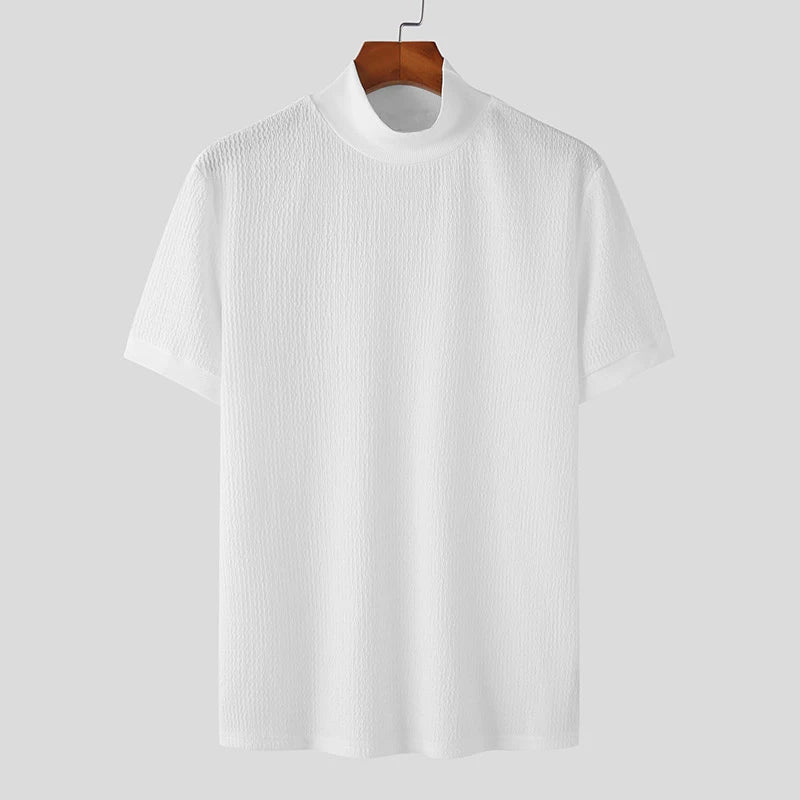Men’s Summer Slim Fit T-Shirt – Korean Style, High-Neck, Textured Streetwear
