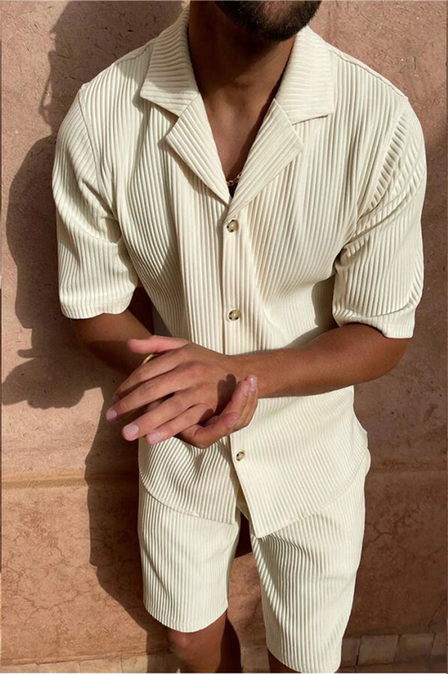 Men’s Comfy Corduroy Set – Breathable Short Sleeve Shirt & Shorts for Spring/Summer