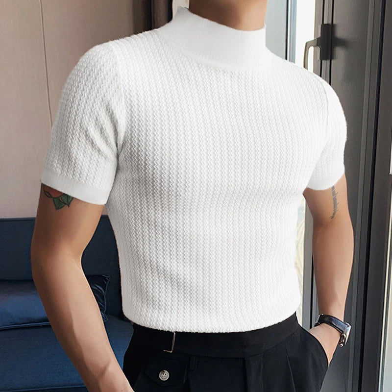 Men’s Summer Slim Fit T-Shirt – Korean Style, High-Neck, Textured Streetwear