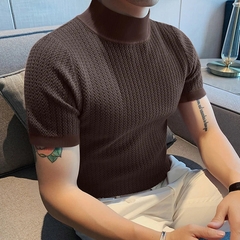 Men’s Summer Slim Fit T-Shirt – Korean Style, High-Neck, Textured Streetwear