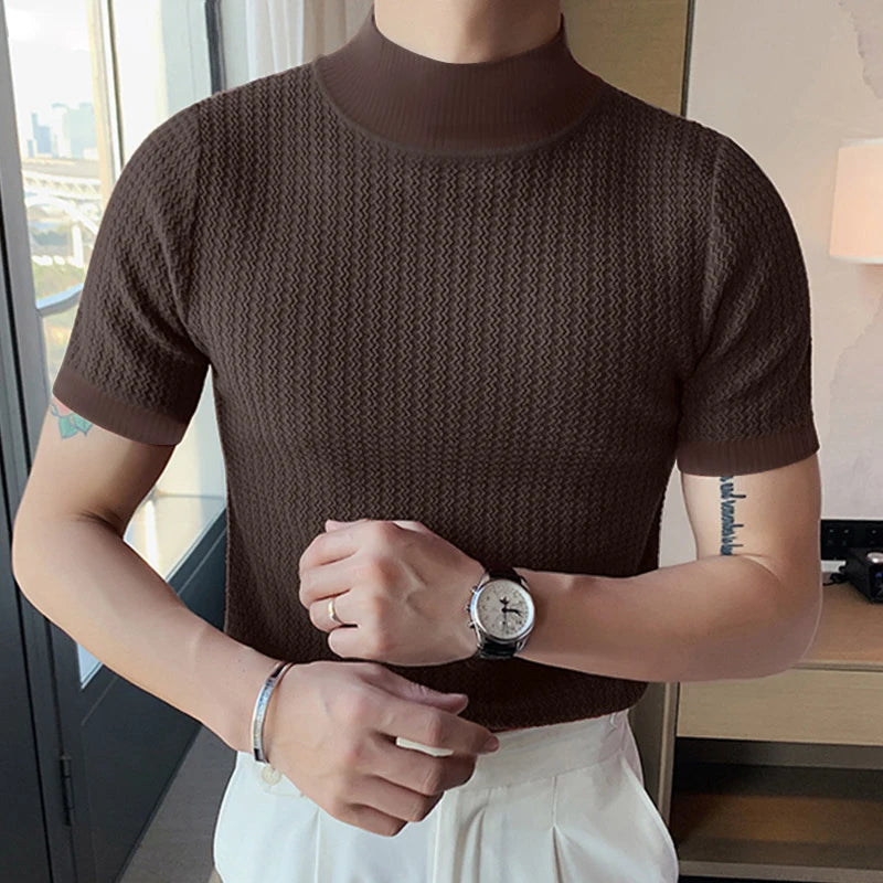 Men’s Summer Slim Fit T-Shirt – Korean Style, High-Neck, Textured Streetwear