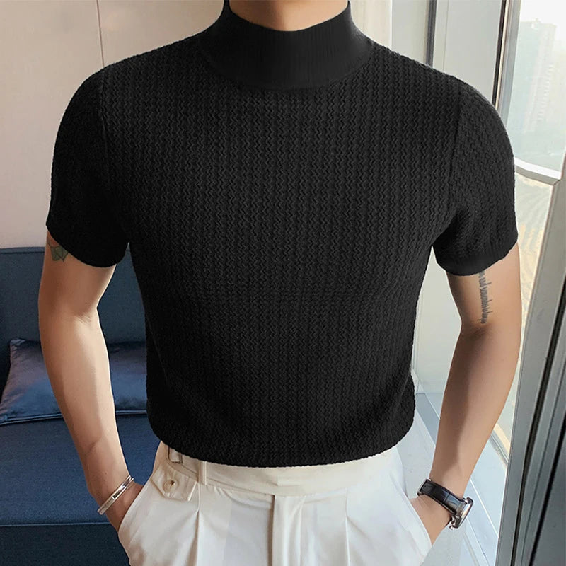 Men’s Summer Slim Fit T-Shirt – Korean Style, High-Neck, Textured Streetwear