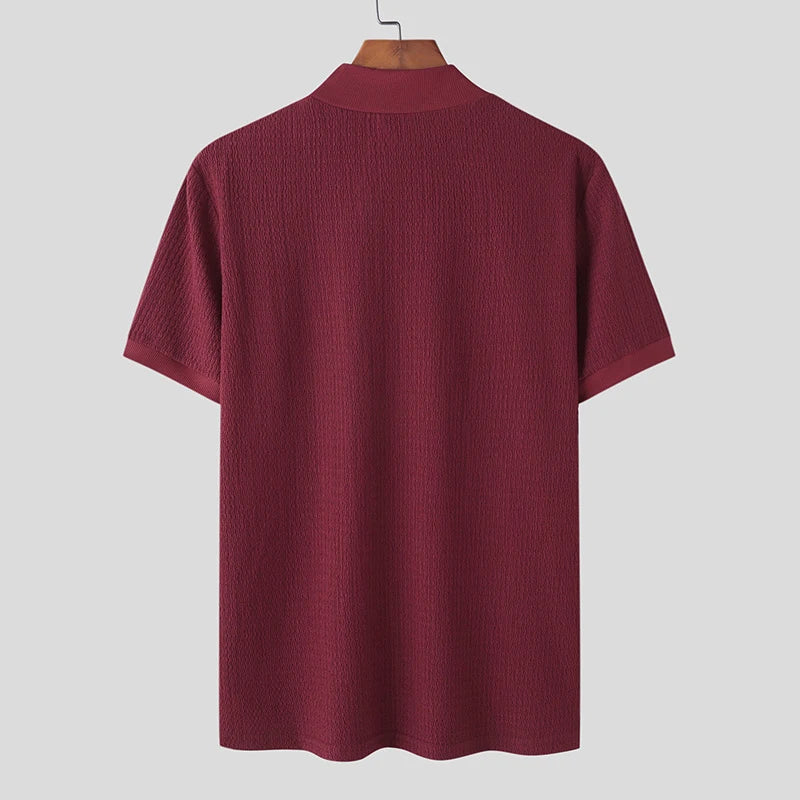 Men’s Summer Slim Fit T-Shirt – Korean Style, High-Neck, Textured Streetwear