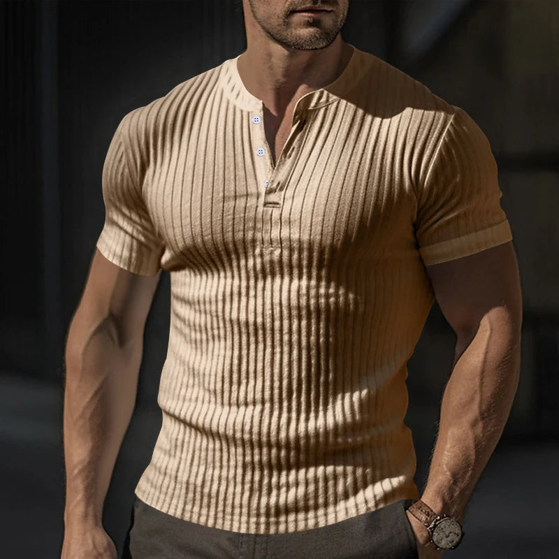 Mens T Shirt Henley Slim Fit V Neck Solid Color Ribbed Sweatshirts Summer Short Sleeve Button Men T-shirts Pullover Clothes Tops