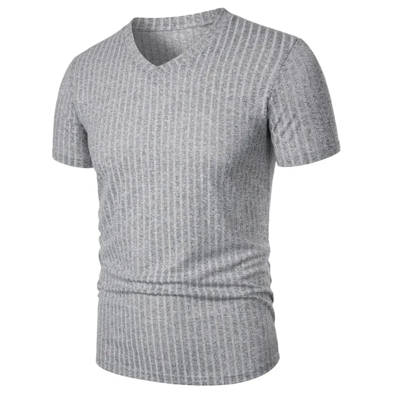 Summer Men's Short Sleeve Muscle T Shirts Stretch V Neck Bodybuilding Lightweight Streetwear Workout Tee Shirts Ribbed Shirt