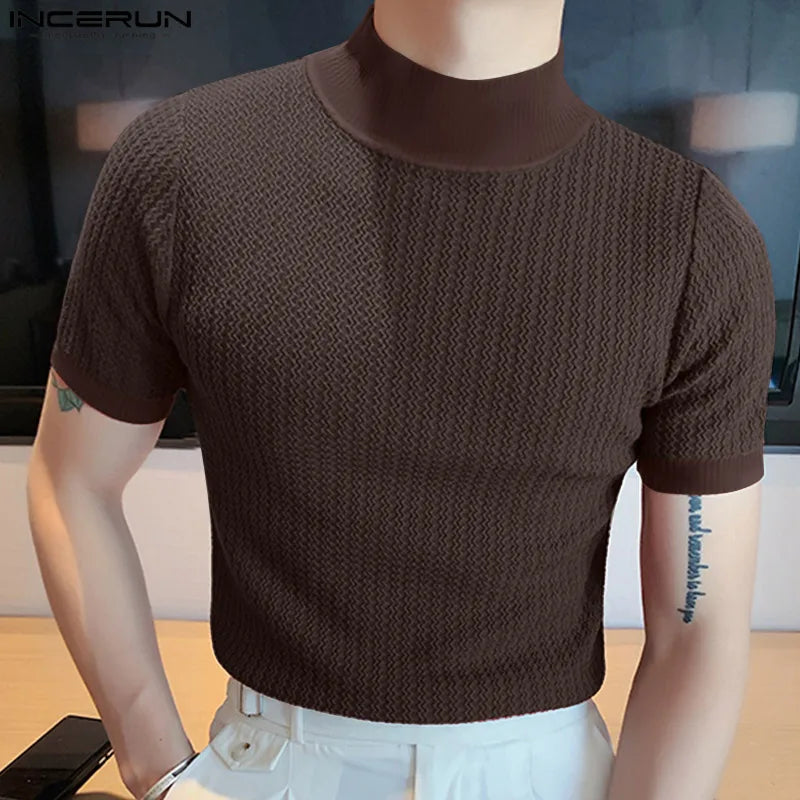 Men’s Summer Slim Fit T-Shirt – Korean Style, High-Neck, Textured Streetwear