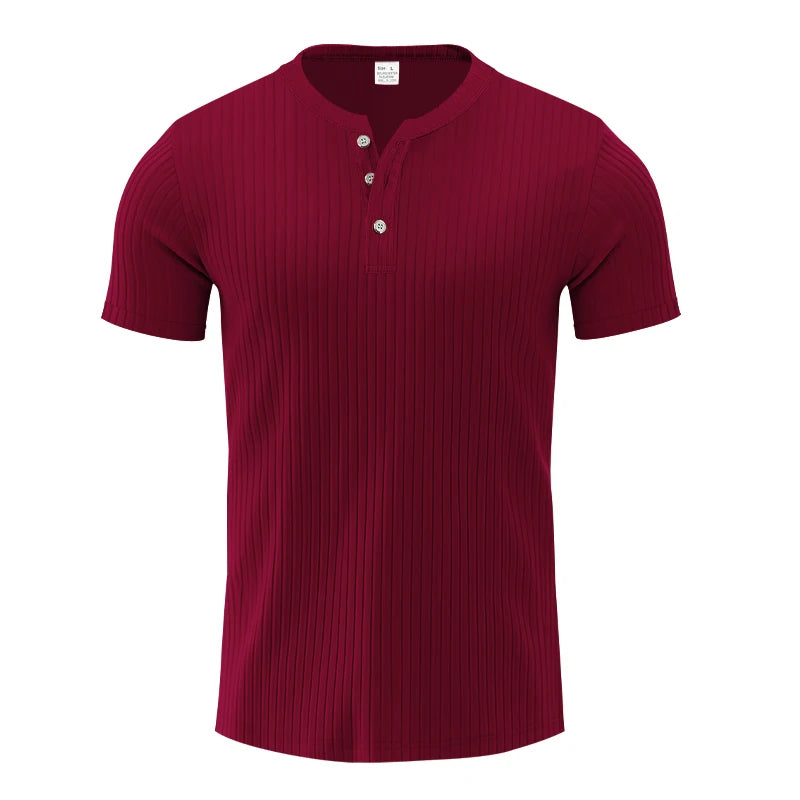Men's Striped Knit Henley T-Shirt – Soft, Breathable & Stylish Casual Top with Short Sleeves
