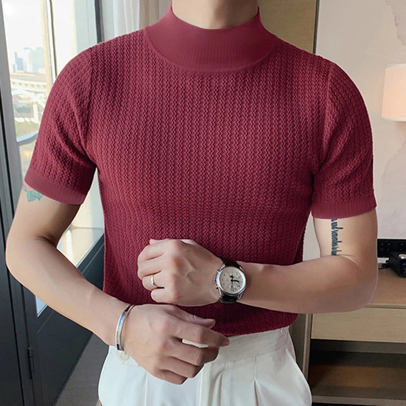 Men’s Summer Slim Fit T-Shirt – Korean Style, High-Neck, Textured Streetwear