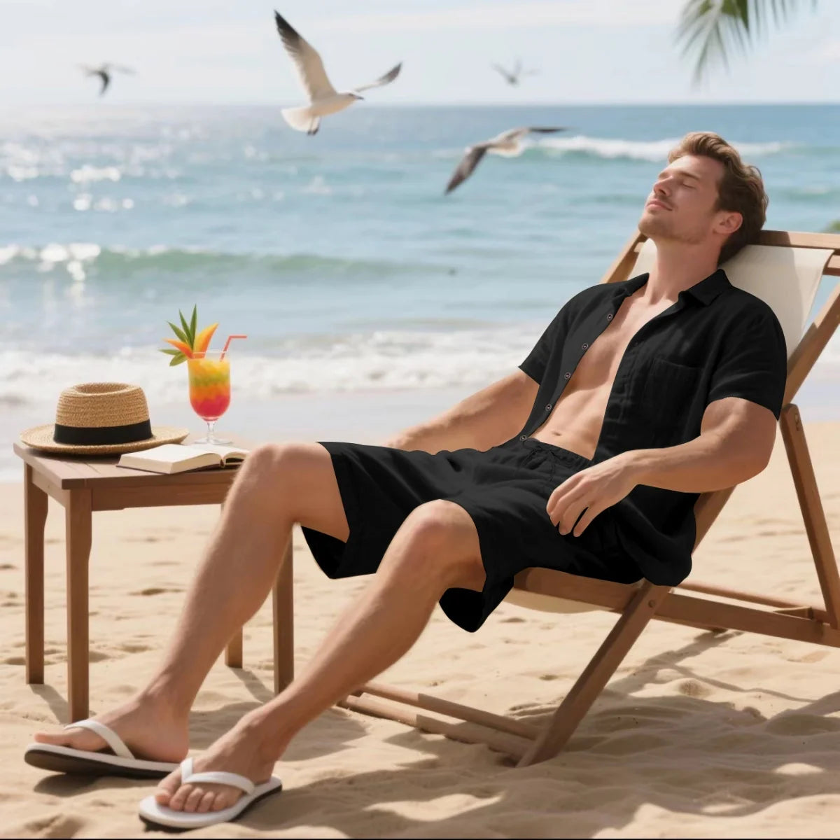 Men's Retro Summer 2-in-1 Set – Cotton & Linen Short-Sleeve Shirt and Shorts, Lightweight Beachwear