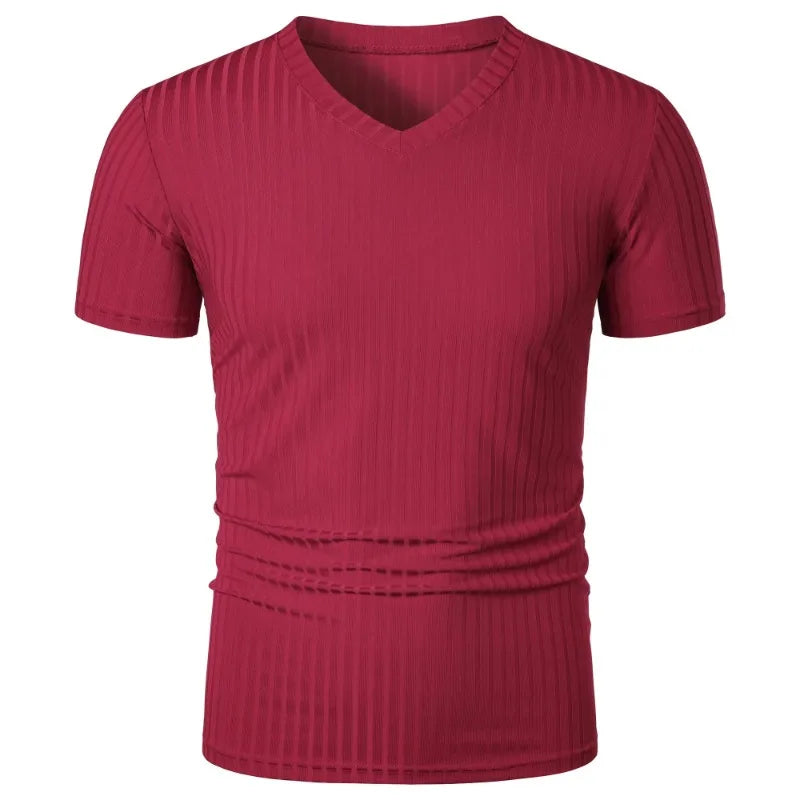 Summer Men's Short Sleeve Muscle T Shirts Stretch V Neck Bodybuilding Lightweight Streetwear Workout Tee Shirts Ribbed Shirt