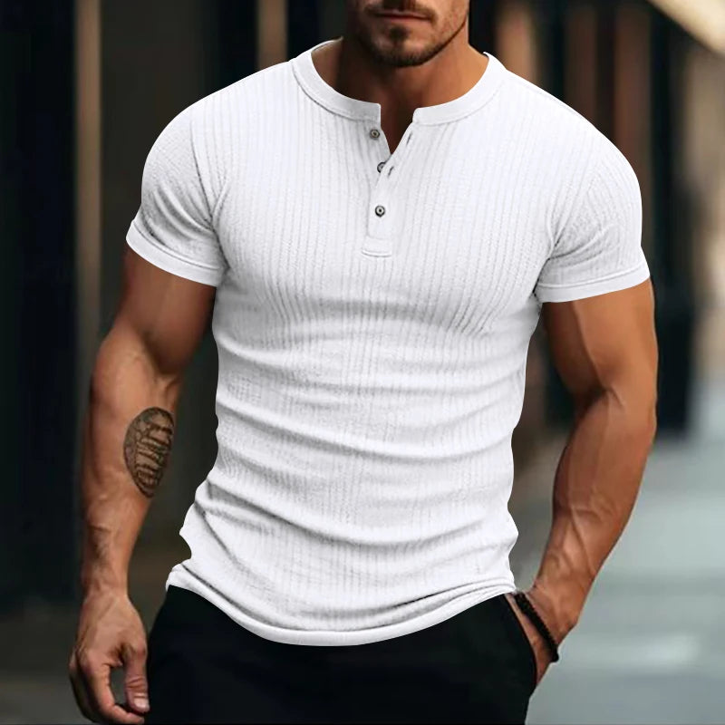 Men's Striped Knit Henley T-Shirt – Soft, Breathable & Stylish Casual Top with Short Sleeves