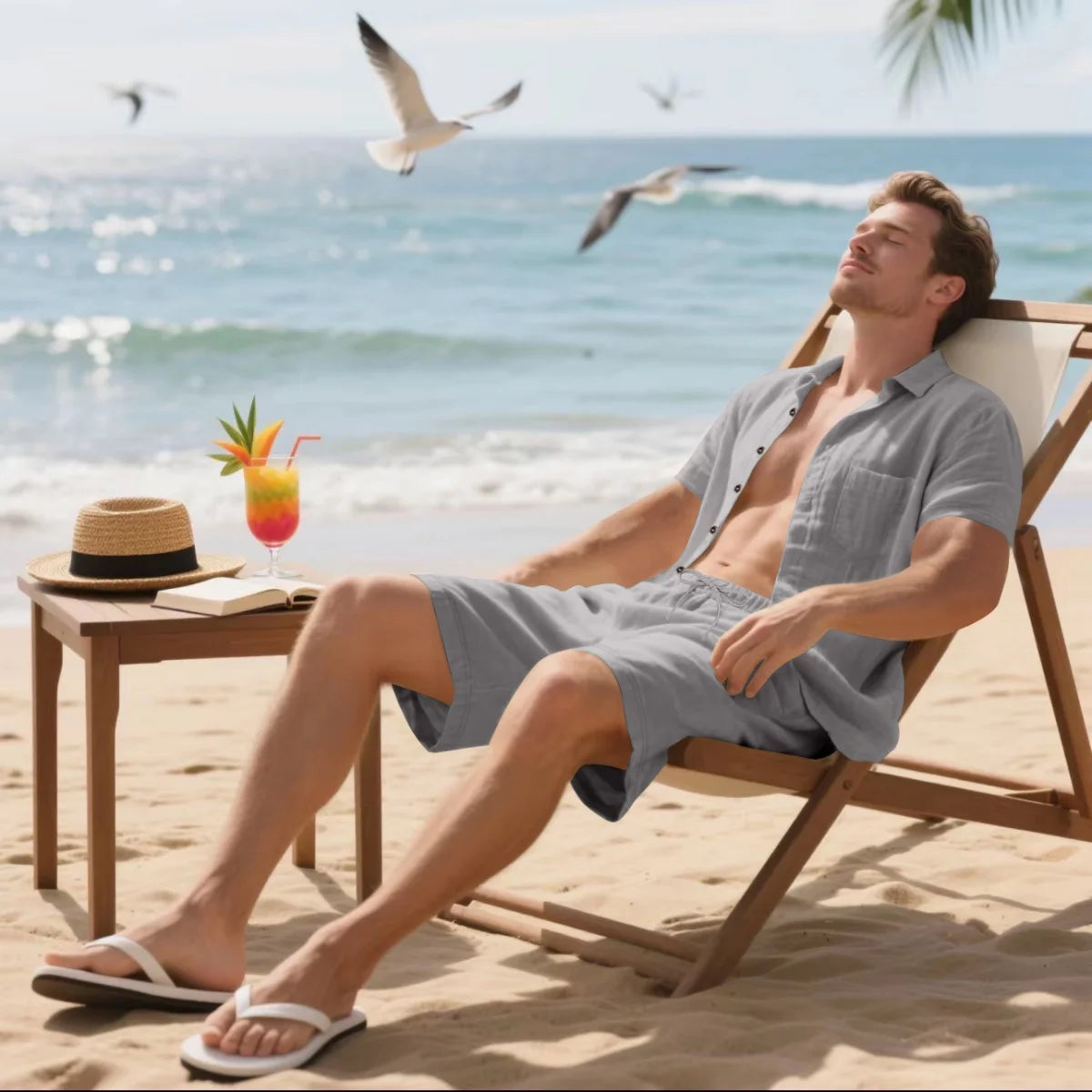 Men's Retro Summer 2-in-1 Set – Cotton & Linen Short-Sleeve Shirt and Shorts, Lightweight Beachwear