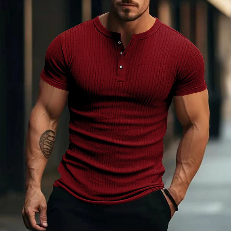 Men's Striped Knit Henley T-Shirt – Soft, Breathable & Stylish Casual Top with Short Sleeves