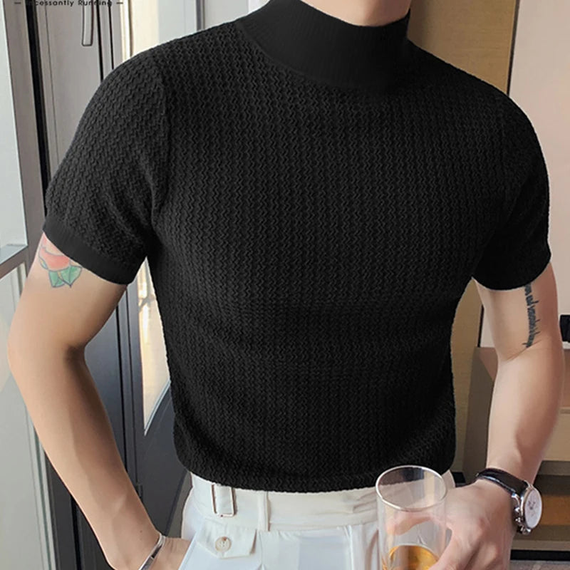 Men’s Summer Slim Fit T-Shirt – Korean Style, High-Neck, Textured Streetwear