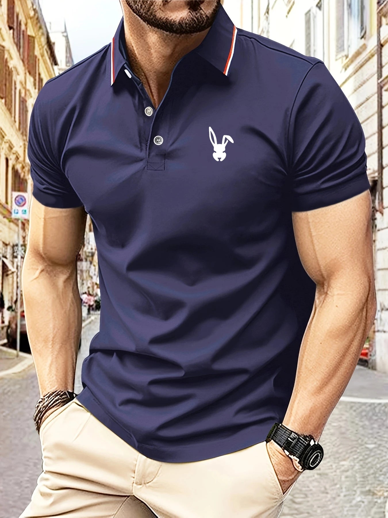 New Men's Polo Shirt 3D Rabbit Pattern Print Summer Lapel stripe Men Short Sleeve Casual Breathable Light Luxury clothes for man