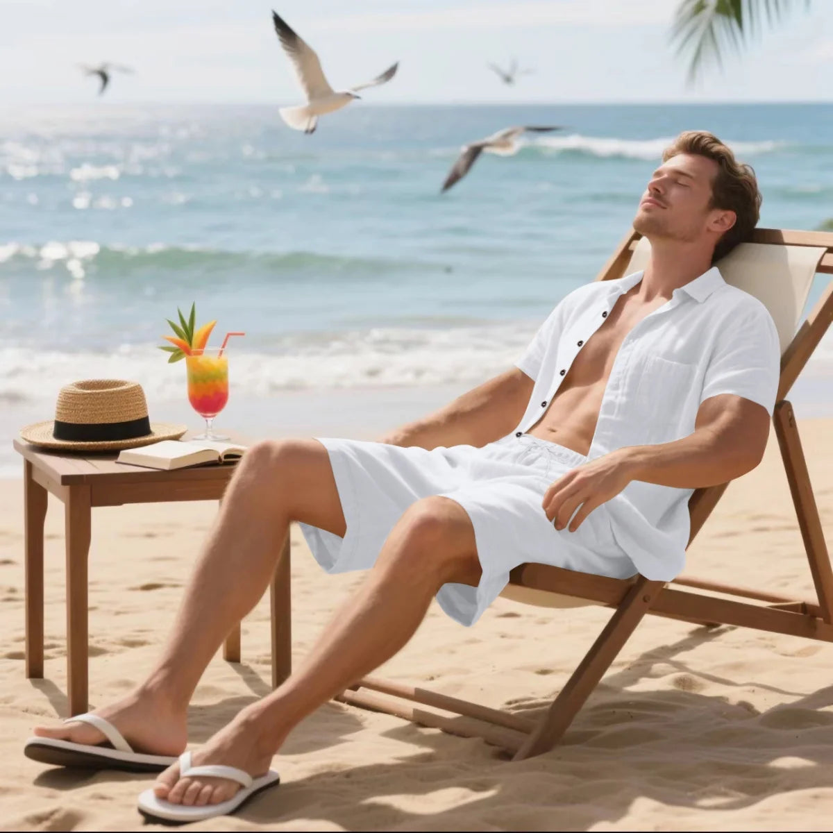 Men's Retro Summer 2-in-1 Set – Cotton & Linen Short-Sleeve Shirt and Shorts, Lightweight Beachwear