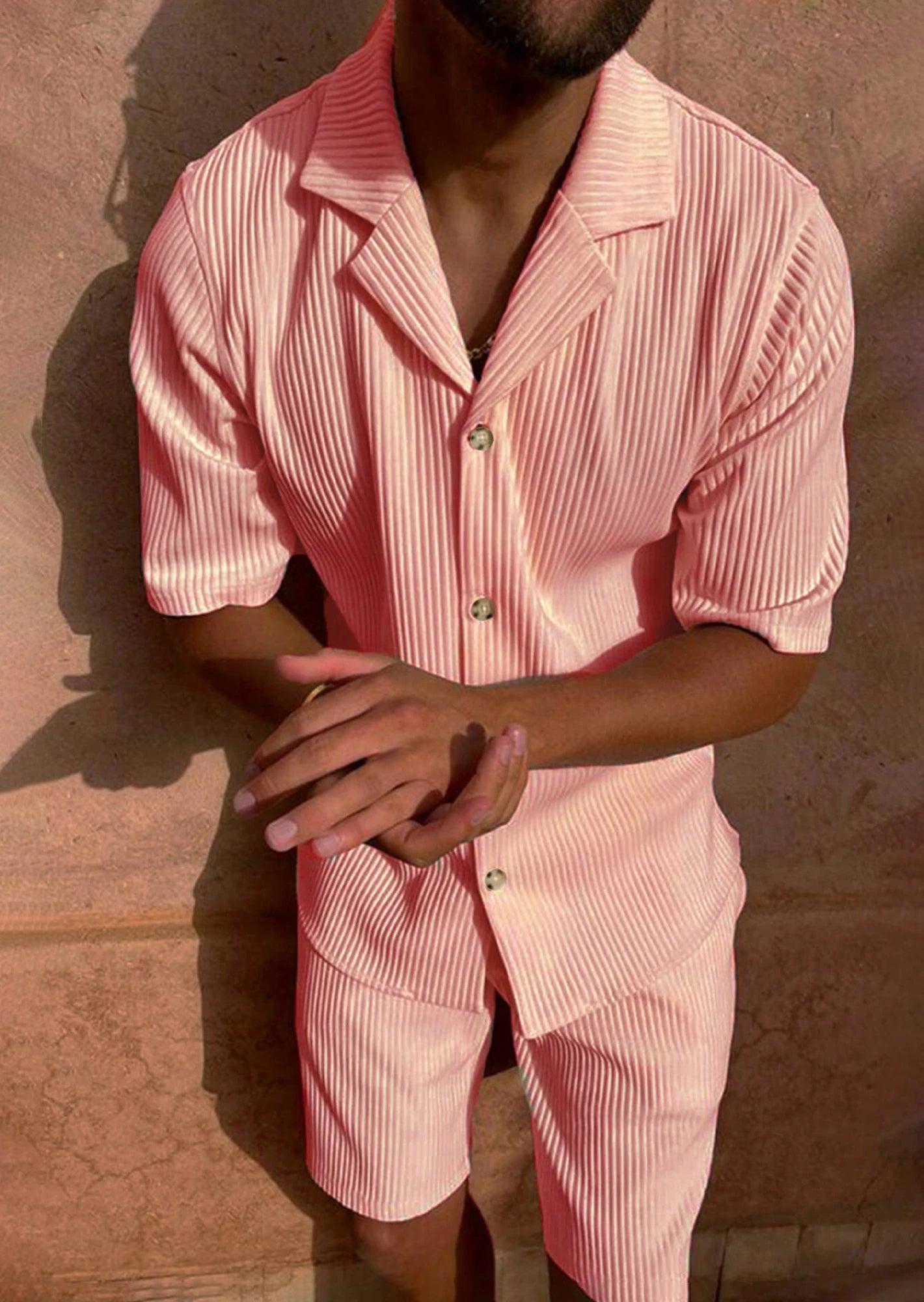 Men’s Comfy Corduroy Set – Breathable Short Sleeve Shirt & Shorts for Spring/Summer