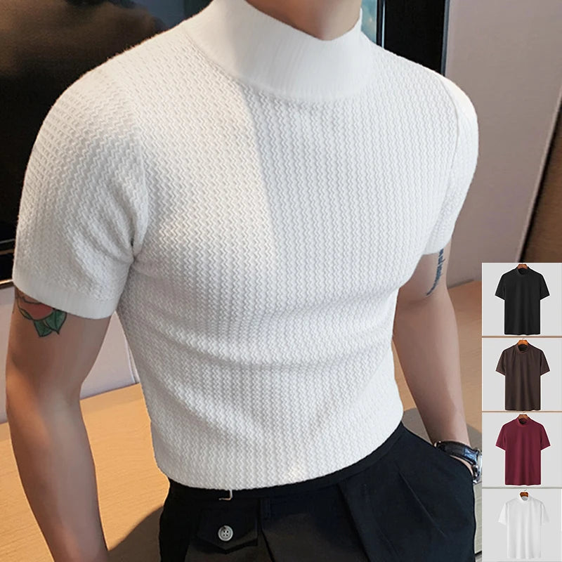 Men’s Summer Slim Fit T-Shirt – Korean Style, High-Neck, Textured Streetwear