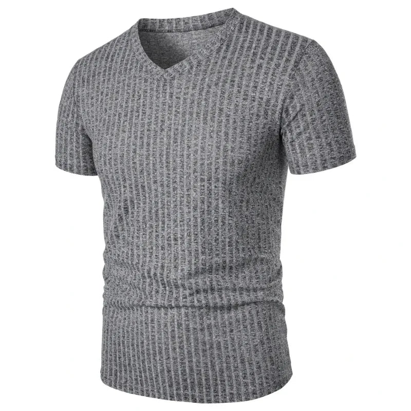 Summer Men's Short Sleeve Muscle T Shirts Stretch V Neck Bodybuilding Lightweight Streetwear Workout Tee Shirts Ribbed Shirt