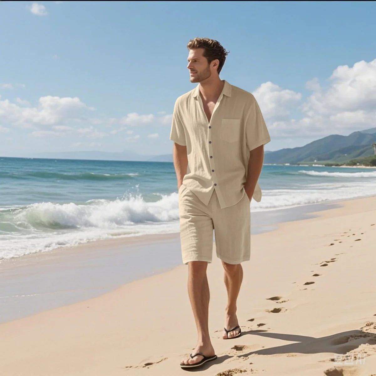 Men's Retro Summer 2-in-1 Set – Cotton & Linen Short-Sleeve Shirt and Shorts, Lightweight Beachwear