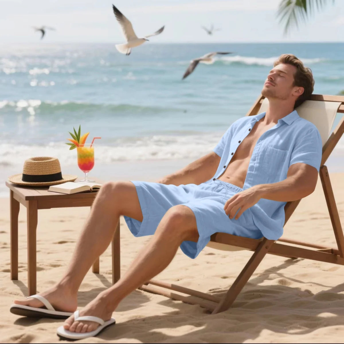 Men's Retro Summer 2-in-1 Set – Cotton & Linen Short-Sleeve Shirt and Shorts, Lightweight Beachwear