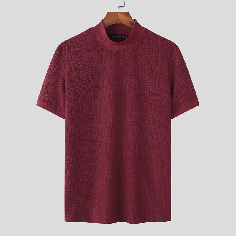 Men’s Summer Slim Fit T-Shirt – Korean Style, High-Neck, Textured Streetwear