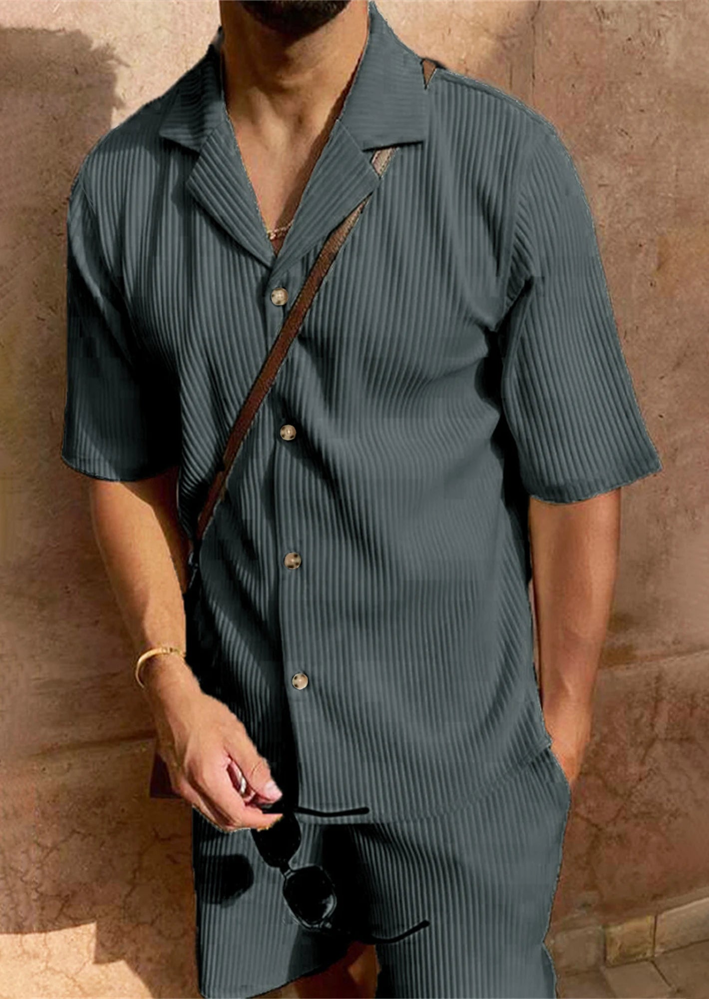 Men’s Comfy Corduroy Set – Breathable Short Sleeve Shirt & Shorts for Spring/Summer