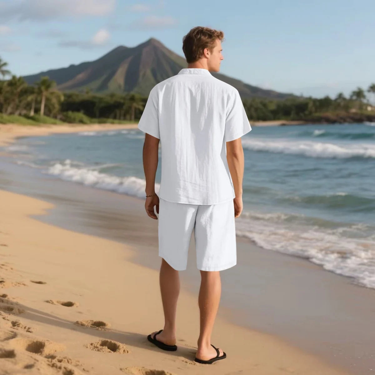 Men's Retro Summer 2-in-1 Set – Cotton & Linen Short-Sleeve Shirt and Shorts, Lightweight Beachwear