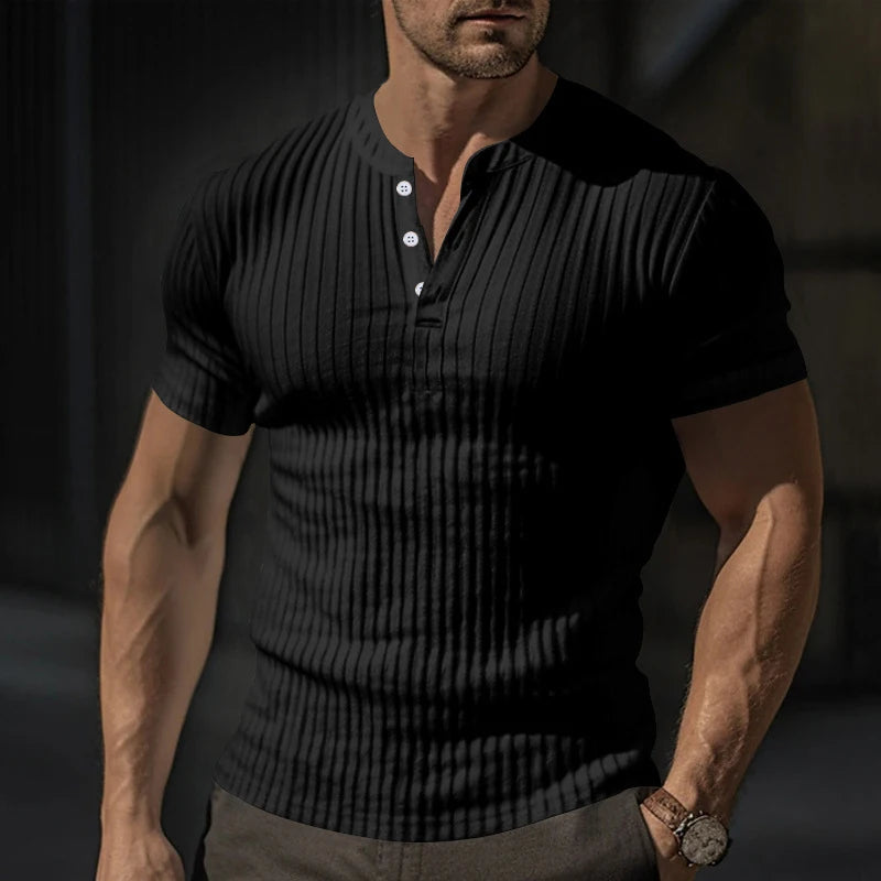 Mens T Shirt Henley Slim Fit V Neck Solid Color Ribbed Sweatshirts Summer Short Sleeve Button Men T-shirts Pullover Clothes Tops