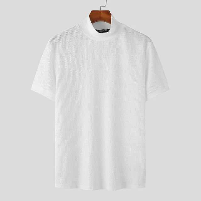 Men’s Summer Slim Fit T-Shirt – Korean Style, High-Neck, Textured Streetwear