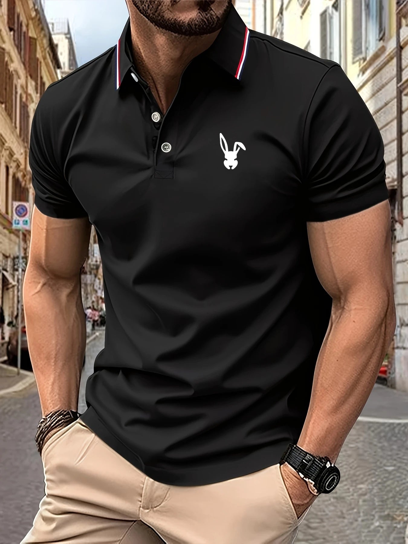 New Men's Polo Shirt 3D Rabbit Pattern Print Summer Lapel stripe Men Short Sleeve Casual Breathable Light Luxury clothes for man