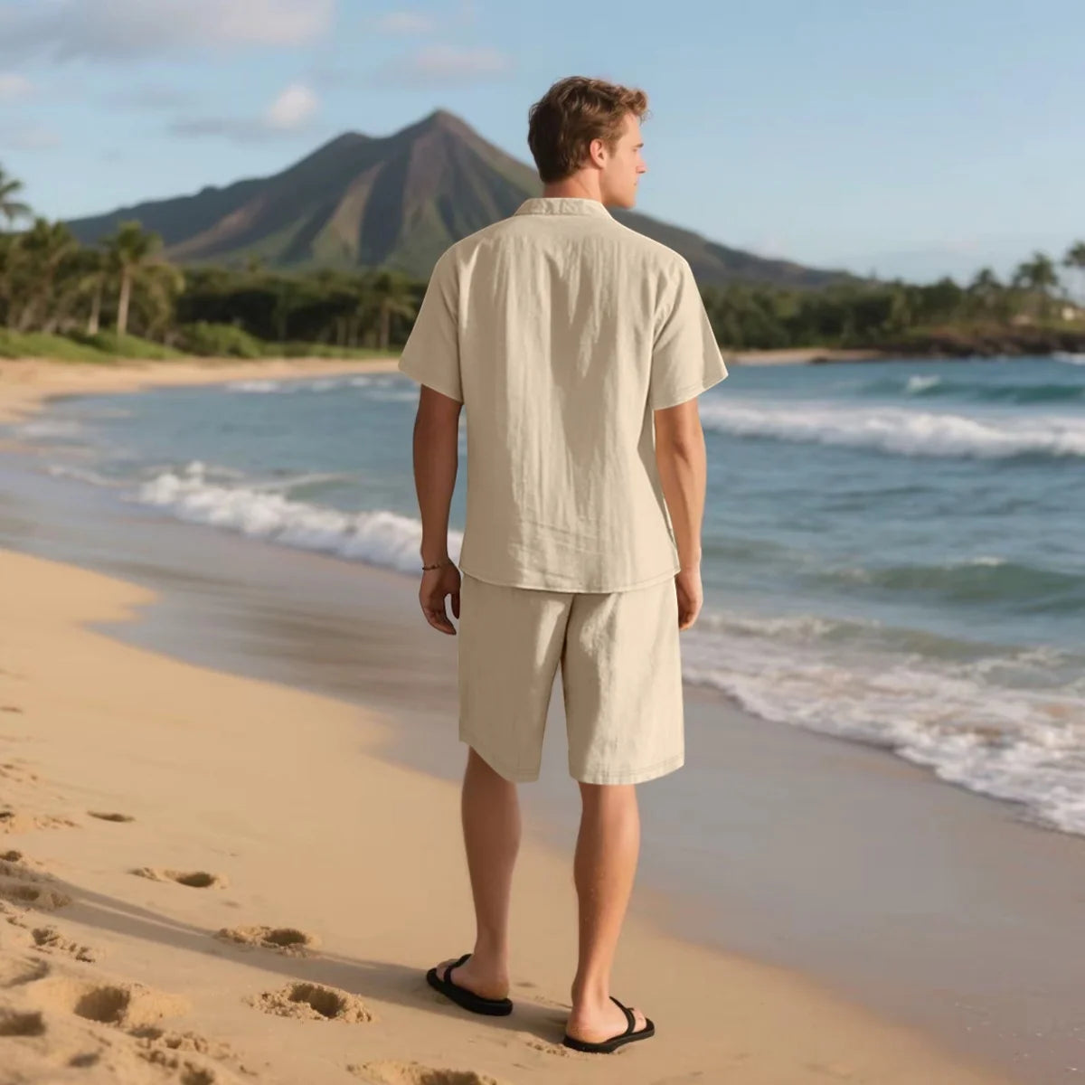Men's Retro Summer 2-in-1 Set – Cotton & Linen Short-Sleeve Shirt and Shorts, Lightweight Beachwear