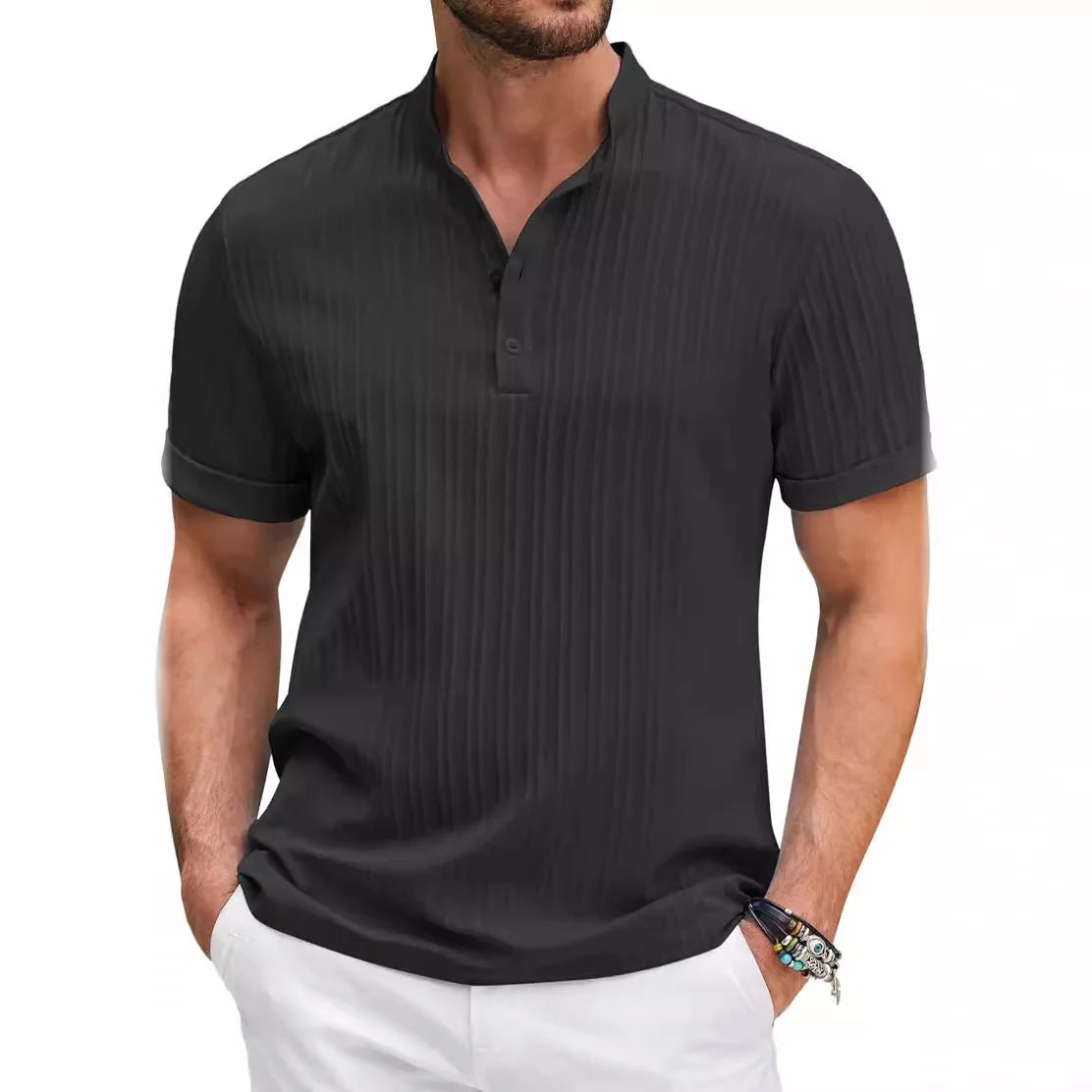 Men's Summer Striped Jacquard Shirt – Breathable, Stylish & Comfortable Short Sleeve Casual Wear