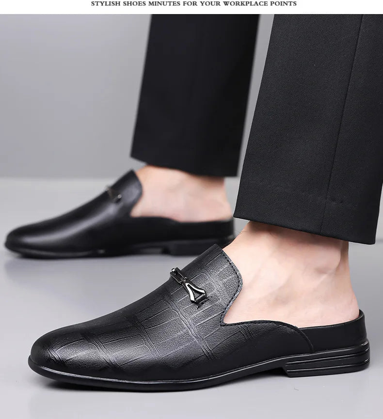 Summer New Designer Half Slippers for Men Fashion Casual Pointed-toe Dress Shoes Male Solid Color Leather Shoe Man