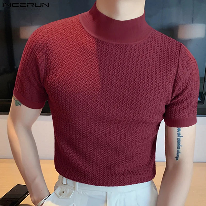 Men’s Summer Slim Fit T-Shirt – Korean Style, High-Neck, Textured Streetwear