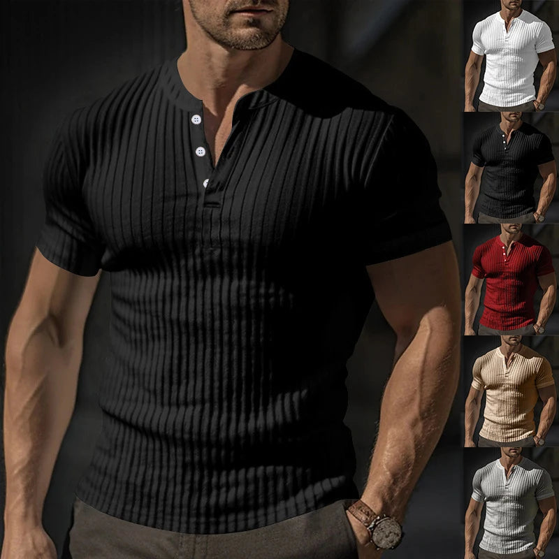 Mens T Shirt Henley Slim Fit V Neck Solid Color Ribbed Sweatshirts Summer Short Sleeve Button Men T-shirts Pullover Clothes Tops