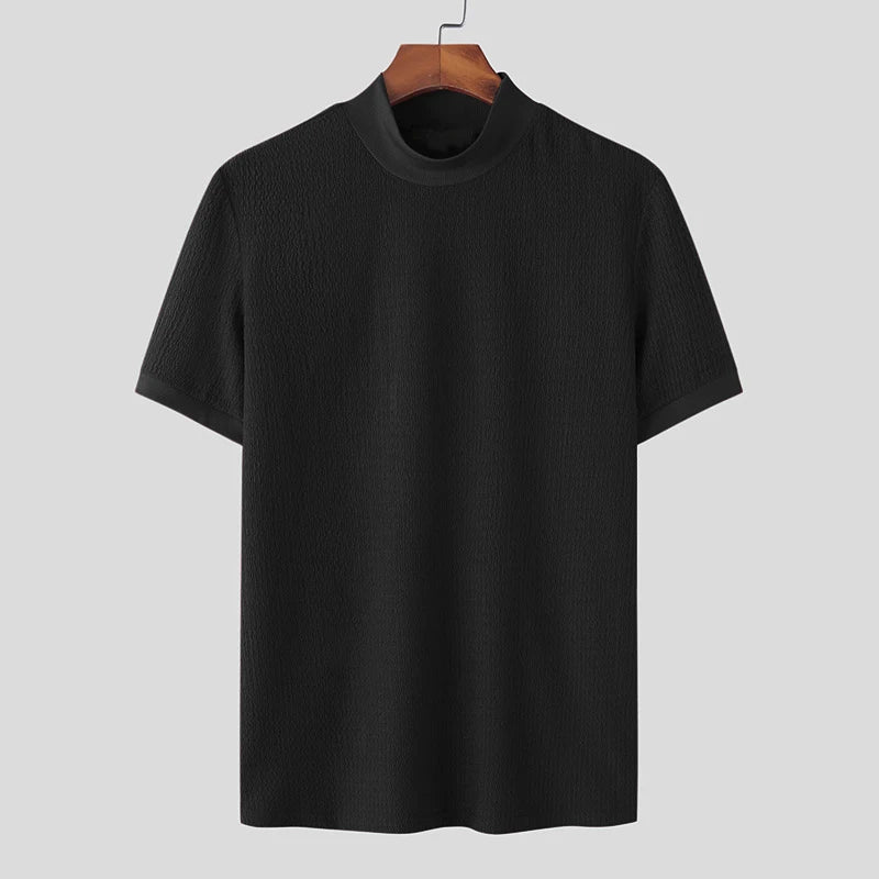 Men’s Summer Slim Fit T-Shirt – Korean Style, High-Neck, Textured Streetwear