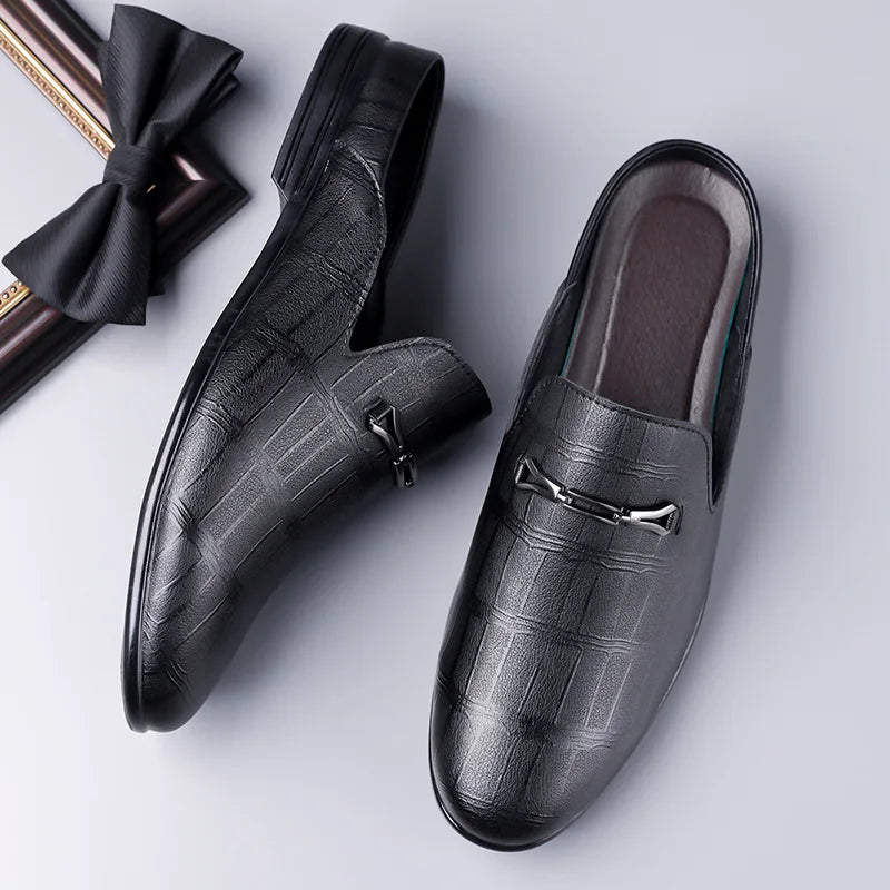 Summer New Designer Half Slippers for Men Fashion Casual Pointed-toe Dress Shoes Male Solid Color Leather Shoe Man