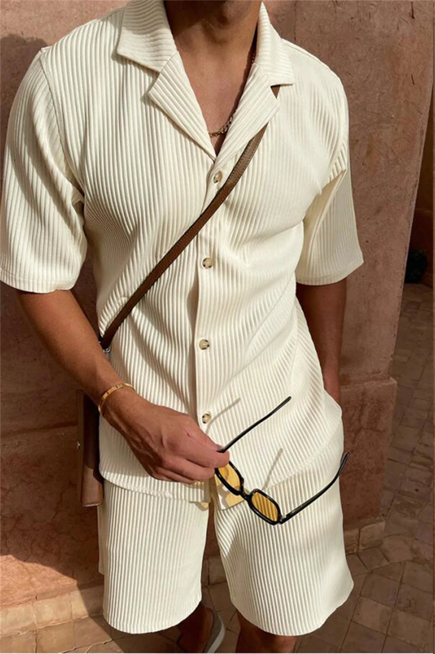 Men’s Comfy Corduroy Set – Breathable Short Sleeve Shirt & Shorts for Spring/Summer