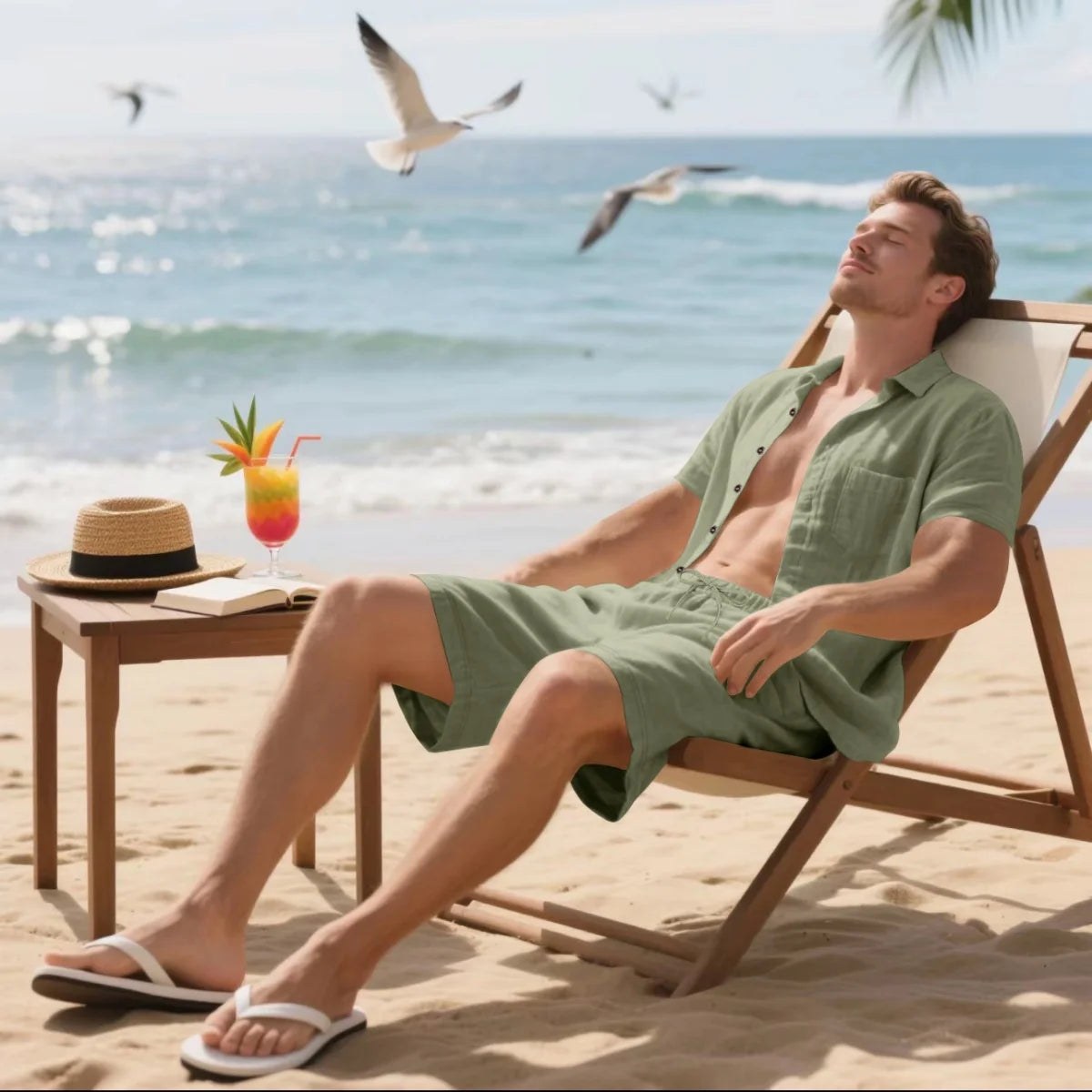 Men's Retro Summer 2-in-1 Set – Cotton & Linen Short-Sleeve Shirt and Shorts, Lightweight Beachwear