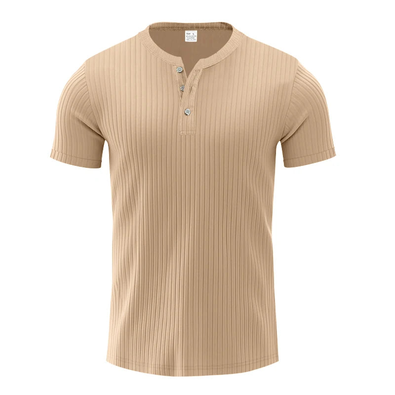 Men's Striped Knit Henley T-Shirt – Soft, Breathable & Stylish Casual Top with Short Sleeves